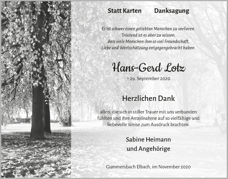  Traueranzeige für Hans-Gerd Lotz vom 13.11.2020 aus  Anzeigen Echo 