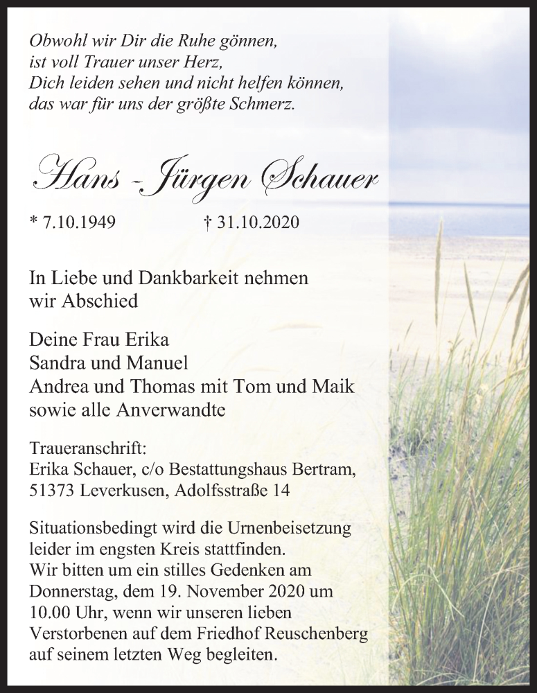 Traueranzeige für Hans -Jürgen Schauer vom 14.11.2020 aus Kölner Stadt-Anzeiger / Kölnische Rundschau / Express