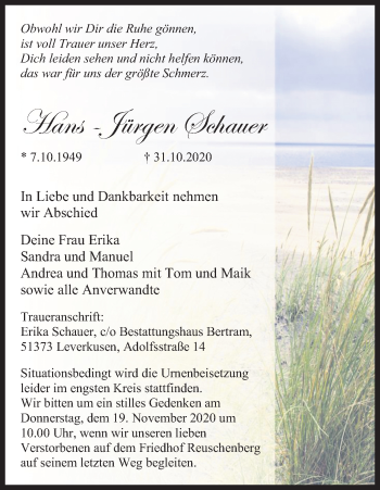 Anzeige von Hans -Jürgen Schauer von Kölner Stadt-Anzeiger / Kölnische Rundschau / Express