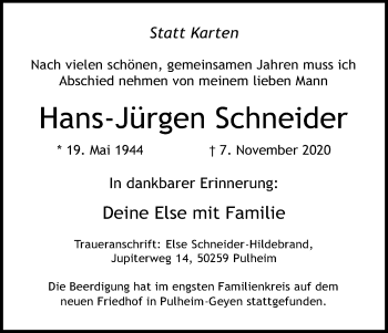 Anzeige von Hans-Jürgen Schneider von Kölner Stadt-Anzeiger / Kölnische Rundschau / Express