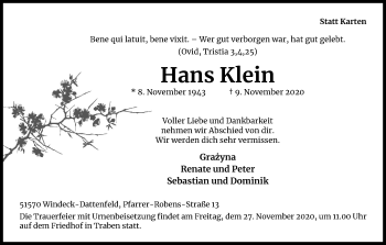 Anzeige von Hans Klein von Kölner Stadt-Anzeiger / Kölnische Rundschau / Express