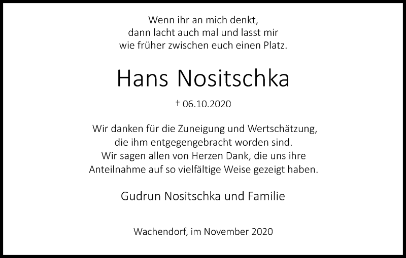  Traueranzeige für Hans Nositschka vom 21.11.2020 aus Kölner Stadt-Anzeiger / Kölnische Rundschau / Express