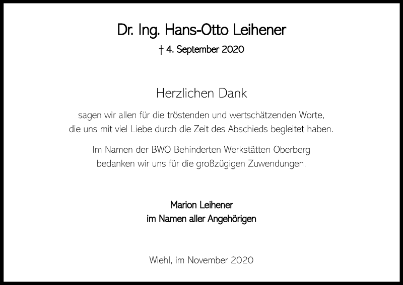  Traueranzeige für Hans-Otto Leihener vom 14.11.2020 aus Kölner Stadt-Anzeiger / Kölnische Rundschau / Express