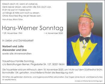 Anzeige von Hans-Werner Sonntag von  Schlossbote/Werbekurier 