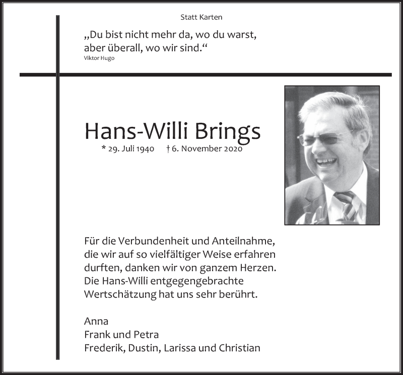  Traueranzeige für Hans-Willi Brings vom 27.11.2020 aus  Werbepost 