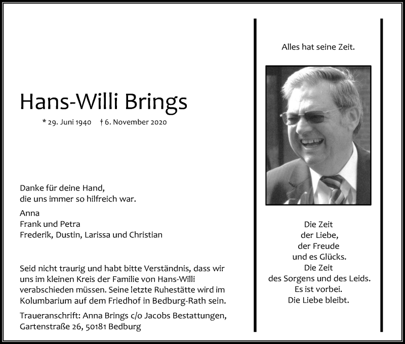  Traueranzeige für Hans-Willi Brings vom 14.11.2020 aus Kölner Stadt-Anzeiger / Kölnische Rundschau / Express