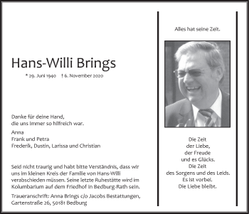 Anzeige von Hans-Willi Brings von  Werbepost 