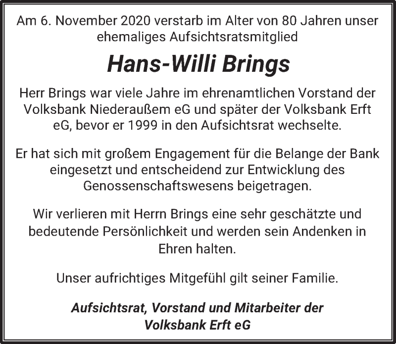  Traueranzeige für Hans-Willi Brings vom 20.11.2020 aus  Werbepost 