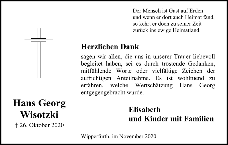  Traueranzeige für Hans Georg Wisotzki vom 28.11.2020 aus Kölner Stadt-Anzeiger / Kölnische Rundschau / Express