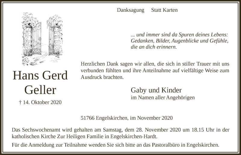  Traueranzeige für Hans Gerd Geller vom 20.11.2020 aus  Anzeigen Echo 