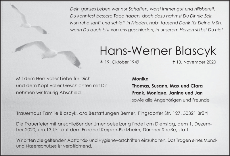 Traueranzeige für Hans Werner Blascyk vom 27.11.2020 aus  Werbepost 