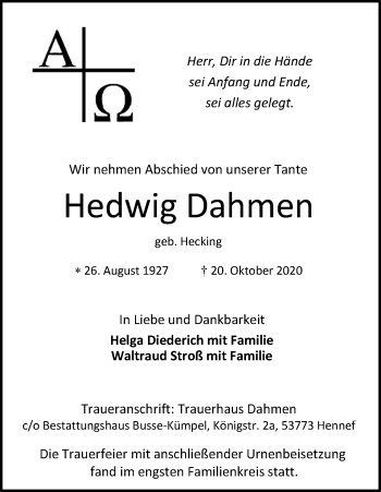 Anzeige von Hedwig Dahmen von Kölner Stadt-Anzeiger / Kölnische Rundschau / Express