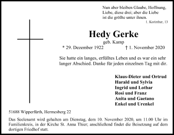 Anzeige von Hedy Gerke von Kölner Stadt-Anzeiger / Kölnische Rundschau / Express