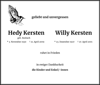 Anzeige von Hedy  Kersten von Kölner Stadt-Anzeiger / Kölnische Rundschau / Express