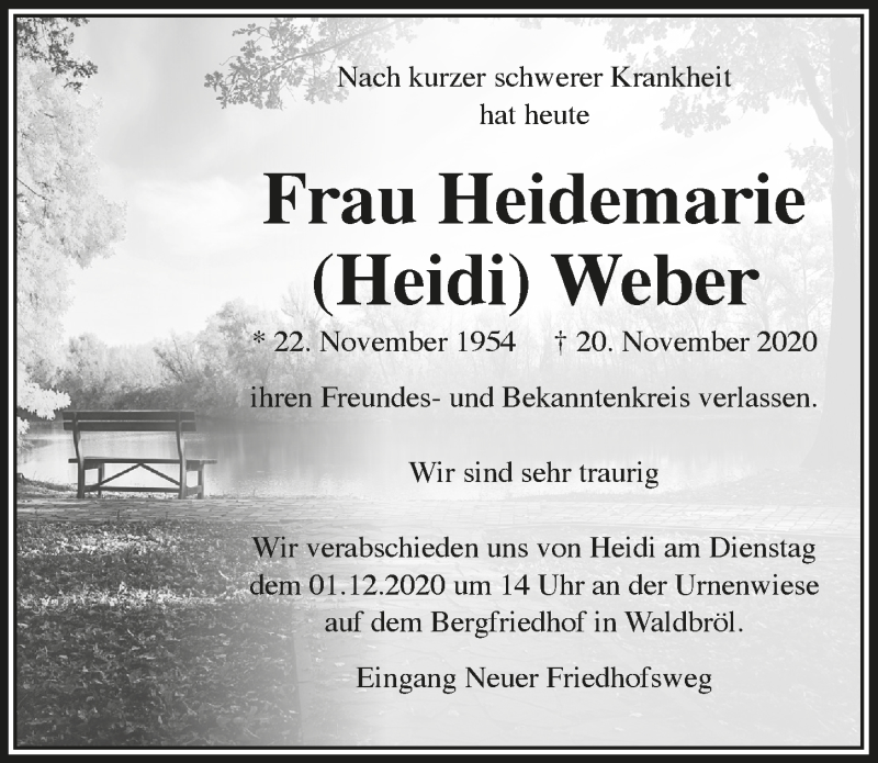 Traueranzeige für Heidemarie Weber vom 27.11.2020 aus  Lokalanzeiger 