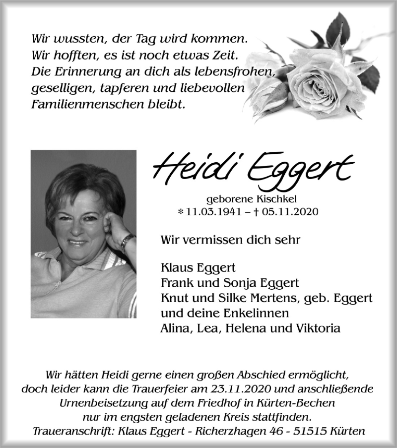 Traueranzeige für Heidi Eggert vom 18.11.2020 aus Kölner Stadt-Anzeiger / Kölnische Rundschau / Express