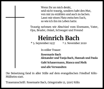 Anzeige von Heinrich Bach von Kölner Stadt-Anzeiger / Kölnische Rundschau / Express