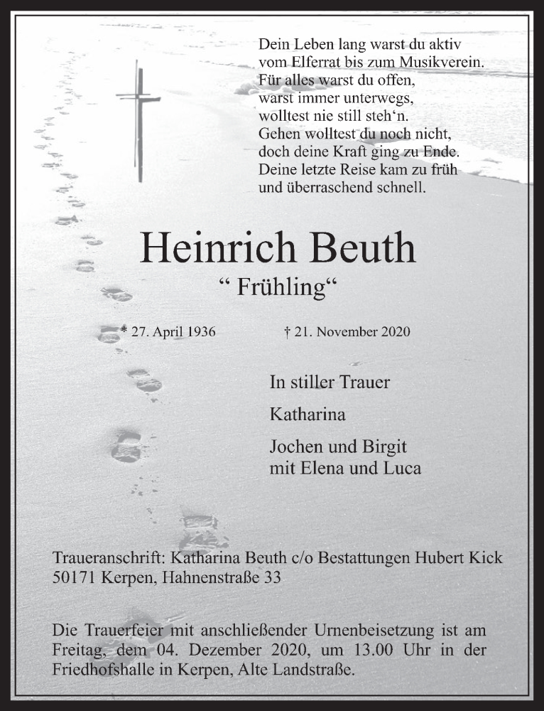  Traueranzeige für Heinrich Beuth vom 27.11.2020 aus  Werbepost 