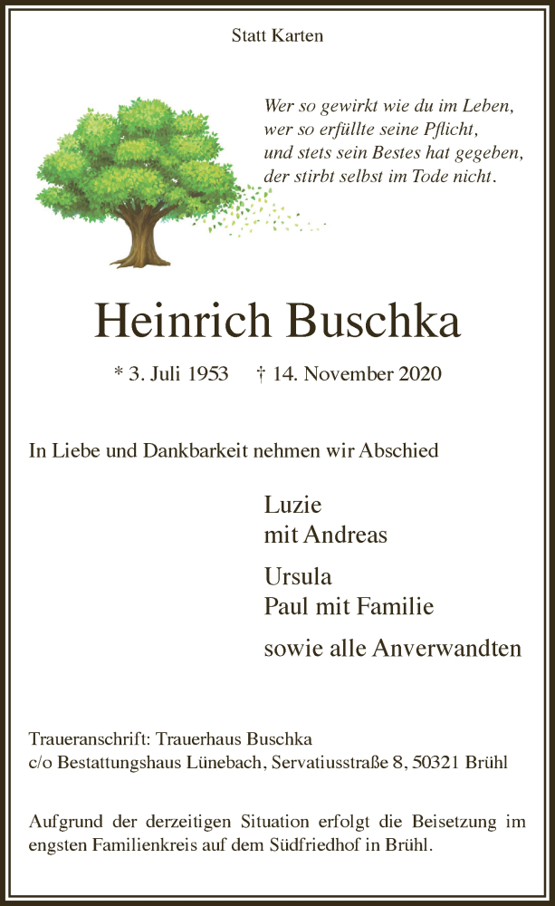  Traueranzeige für Heinrich Buschka vom 20.11.2020 aus  Schlossbote/Werbekurier 