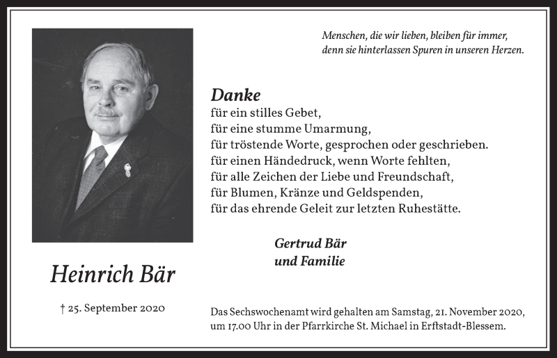  Traueranzeige für Heinrich Bär vom 13.11.2020 aus  Werbepost 