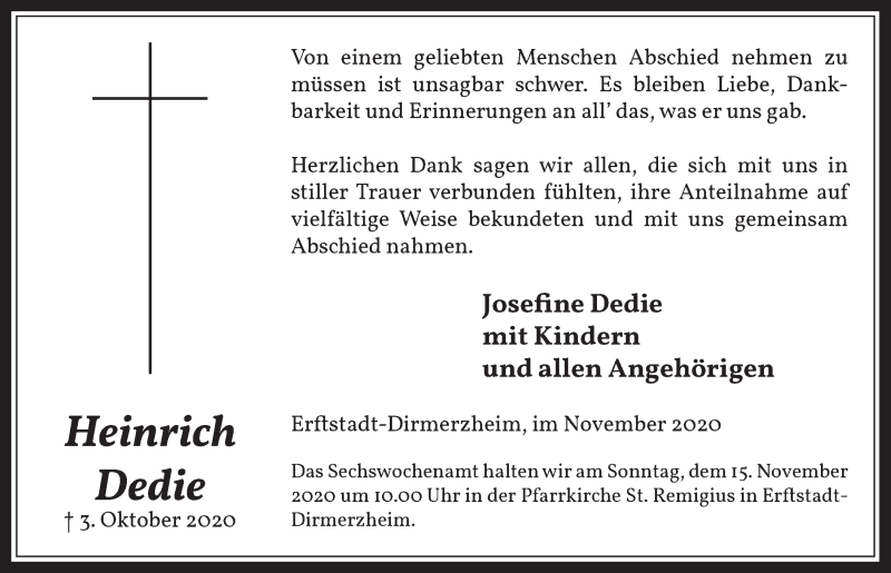  Traueranzeige für Heinrich Dedie vom 13.11.2020 aus  Werbepost 