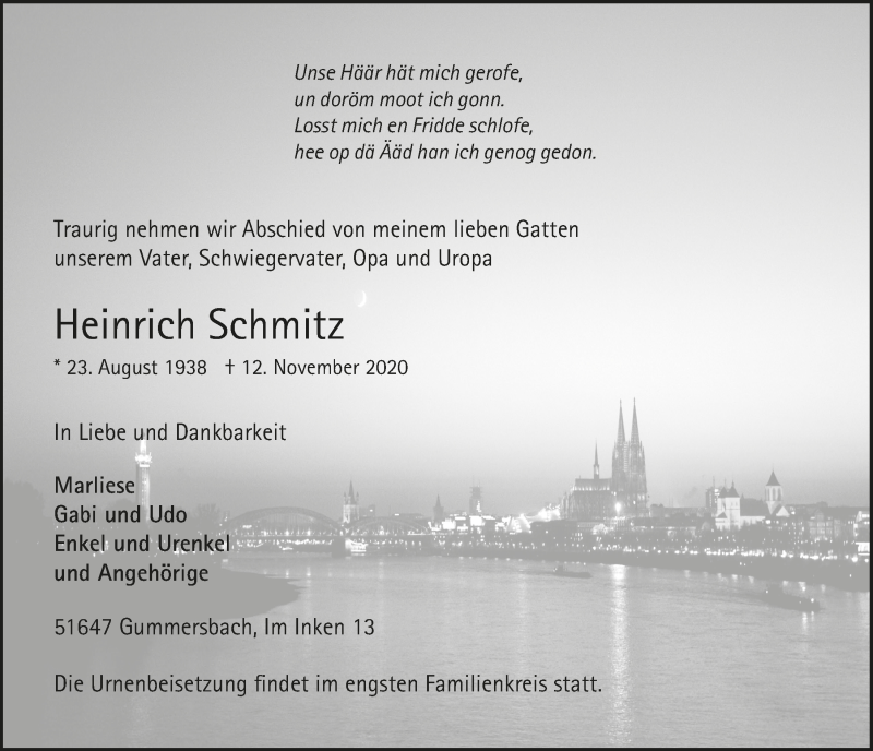  Traueranzeige für Heinrich Schmitz vom 20.11.2020 aus  Anzeigen Echo 
