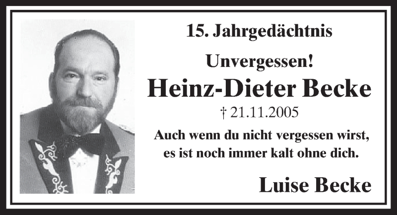  Traueranzeige für Heinz-Dieter Becke vom 20.11.2020 aus  Schlossbote/Werbekurier 