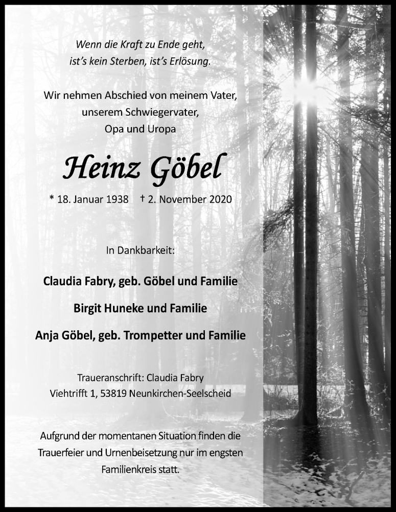  Traueranzeige für Heinz Göbel vom 14.11.2020 aus Kölner Stadt-Anzeiger / Kölnische Rundschau / Express