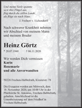 Anzeige von Heinz Görtz von  Wochenende 