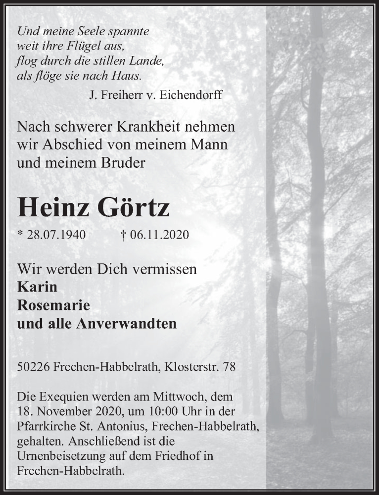  Traueranzeige für Heinz Görtz vom 13.11.2020 aus  Wochenende 