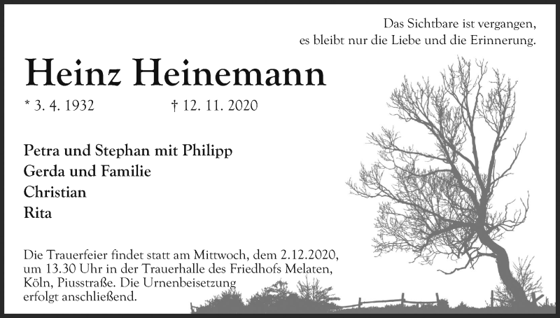  Traueranzeige für Heinz Heinemann vom 28.11.2020 aus Kölner Stadt-Anzeiger / Kölnische Rundschau / Express