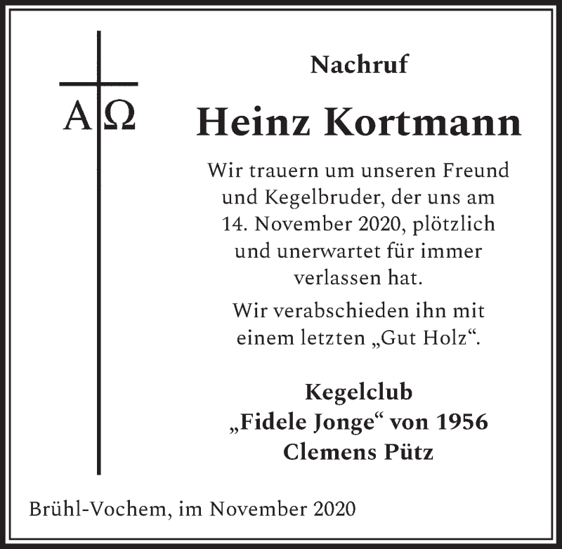  Traueranzeige für Heinz Kortmann vom 20.11.2020 aus  Schlossbote/Werbekurier 