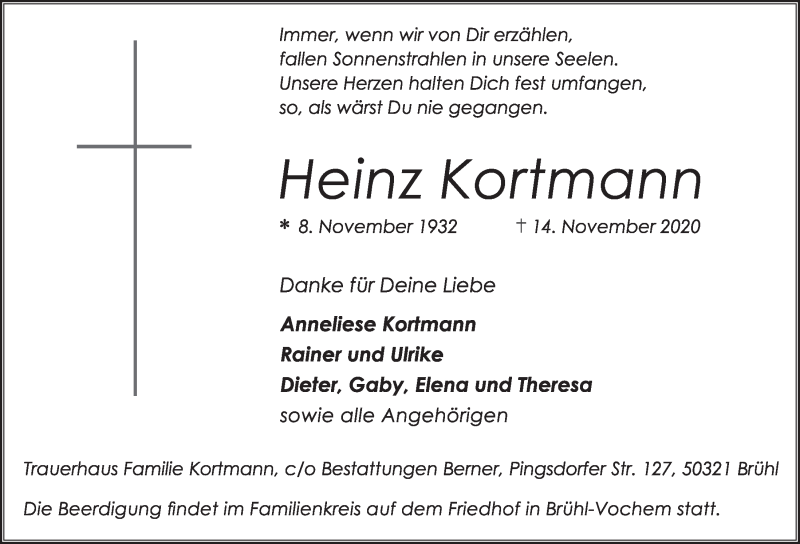  Traueranzeige für Heinz Kortmann vom 20.11.2020 aus  Schlossbote/Werbekurier 