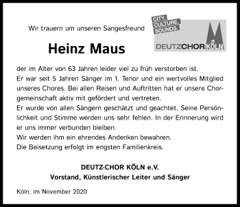 Anzeige von Heinz Maus von Kölner Stadt-Anzeiger / Kölnische Rundschau / Express