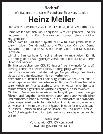 Anzeige von Heinz Meller von  Wochenende 