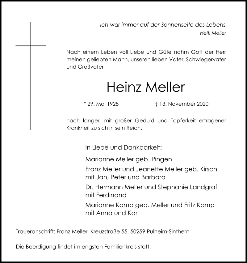  Traueranzeige für Heinz Meller vom 21.11.2020 aus Kölner Stadt-Anzeiger / Kölnische Rundschau / Express