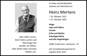 Anzeige von Heinz Mertens von Kölner Stadt-Anzeiger / Kölnische Rundschau / Express