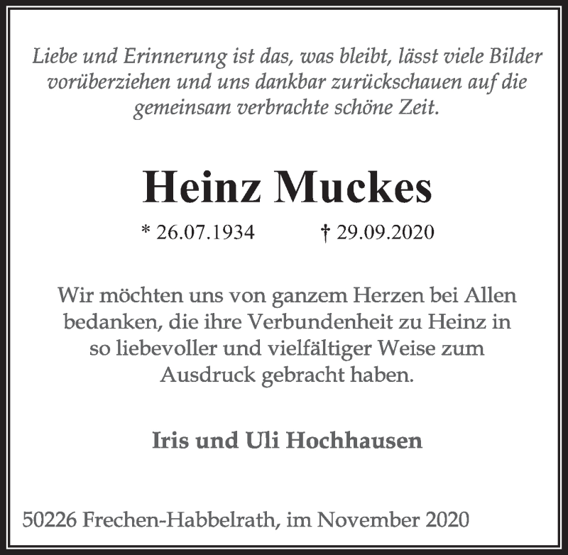  Traueranzeige für Heinz Muckes vom 06.11.2020 aus  Wochenende 