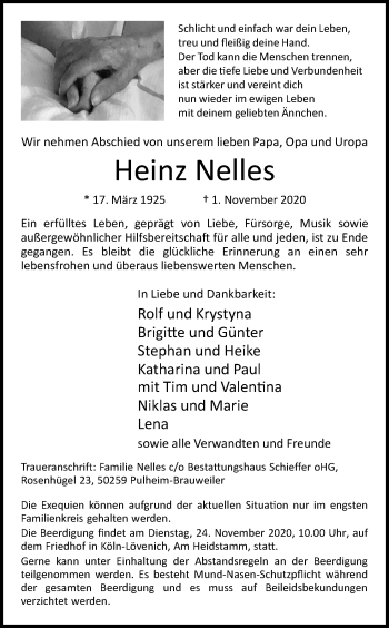 Anzeige von Heinz Nelles von Kölner Stadt-Anzeiger / Kölnische Rundschau / Express