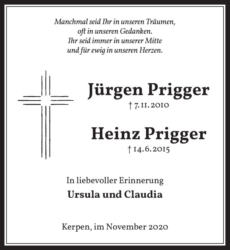  Traueranzeige für Heinz Prigger vom 06.11.2020 aus  Werbepost 