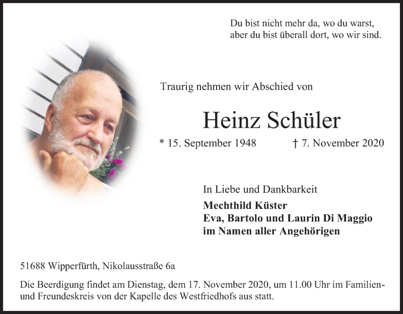  Traueranzeige für Heinz Schüler vom 12.11.2020 aus Kölner Stadt-Anzeiger / Kölnische Rundschau / Express
