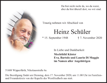 Anzeige von Heinz Schüler von Kölner Stadt-Anzeiger / Kölnische Rundschau / Express