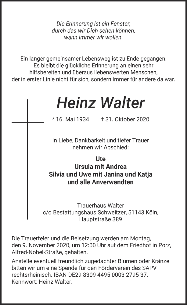  Traueranzeige für Heinz Walter vom 06.11.2020 aus  Kölner Wochenspiegel 