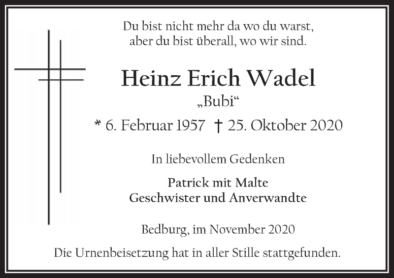 Traueranzeige für Heinz Erich Wadel vom 06.11.2020 aus  Werbepost 