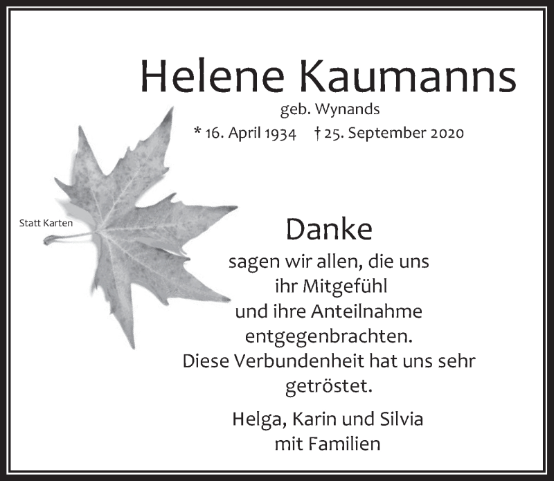  Traueranzeige für Helene Kaumanns vom 13.11.2020 aus  Werbepost 