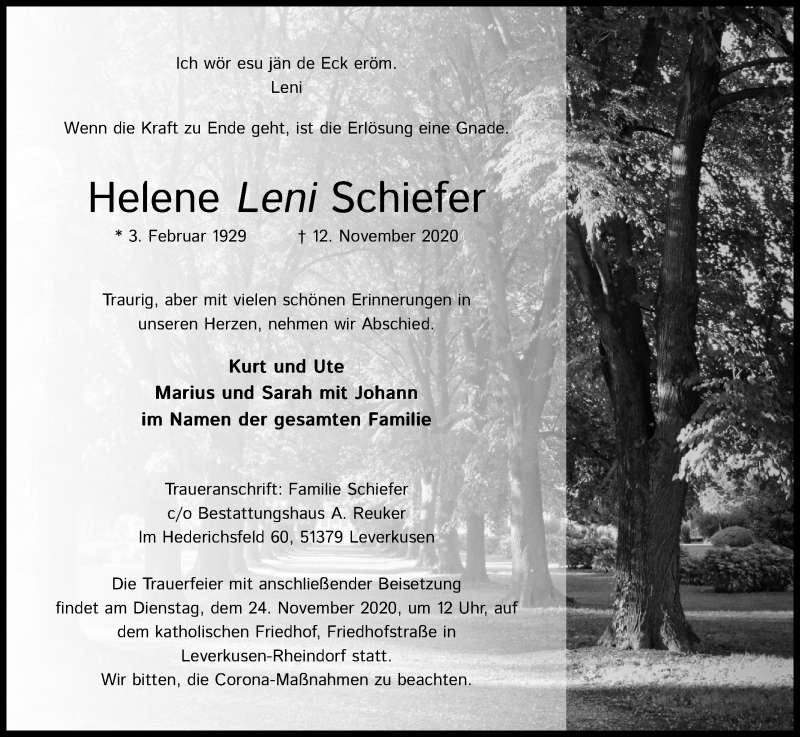  Traueranzeige für Helene  Schiefer vom 21.11.2020 aus Kölner Stadt-Anzeiger / Kölnische Rundschau / Express