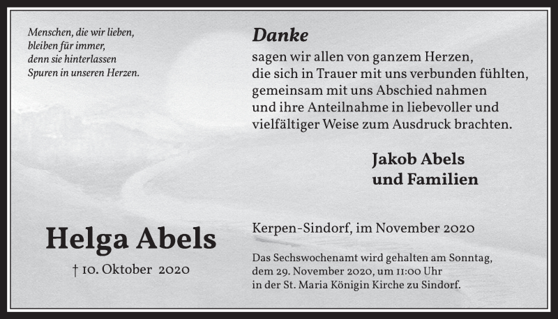  Traueranzeige für Helga Abels vom 20.11.2020 aus  Werbepost 