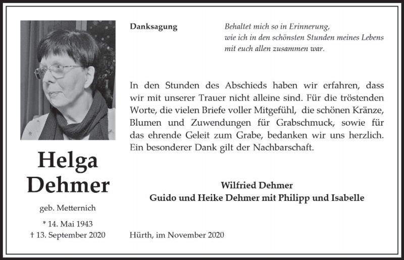  Traueranzeige für Helga Dehmer vom 06.11.2020 aus  Wochenende 