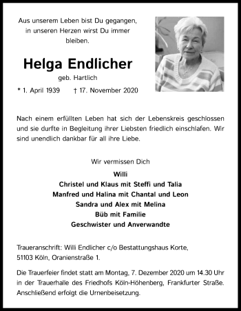 Anzeige von Helga Endlicher von Kölner Stadt-Anzeiger / Kölnische Rundschau / Express