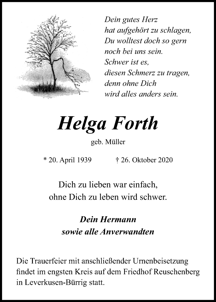  Traueranzeige für Helga Forth vom 12.11.2020 aus Kölner Stadt-Anzeiger / Kölnische Rundschau / Express